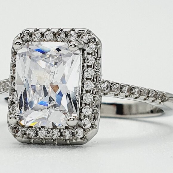 💍 Engagement Radiant CZ Micro Pave Silver Plated Wedding Ring Set,UNVN12329 - Picture 5 of 9